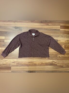 American Eagle Leopard Print Quarter Zip Pullover Cropped Size S Magneta